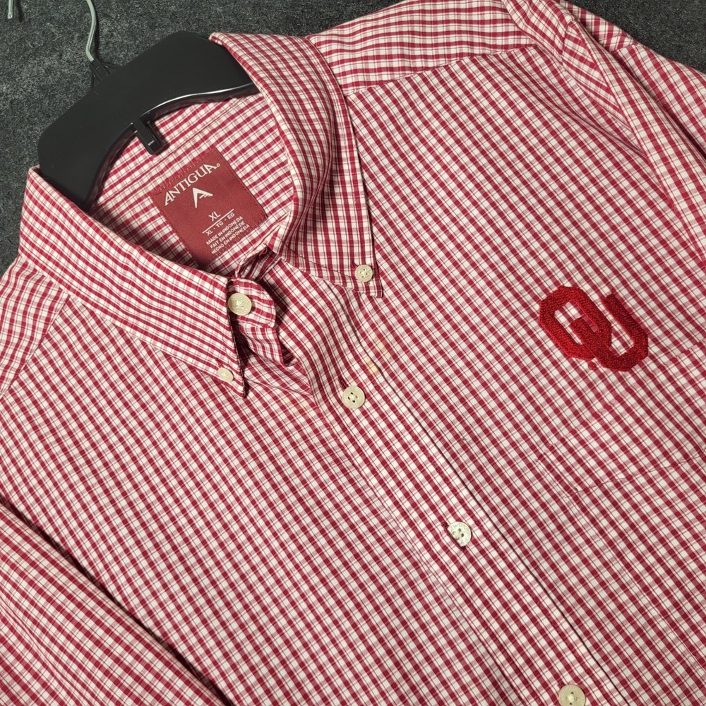 Oklahoma Sooners Antigua XL Red Gingham Button Down Shirt OU NCAA Long Sleeve